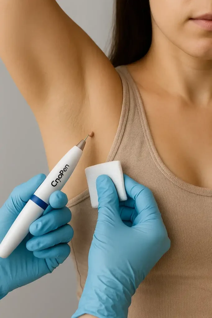 woman having cryopen to remove underarm skin tags Higham Ferrers