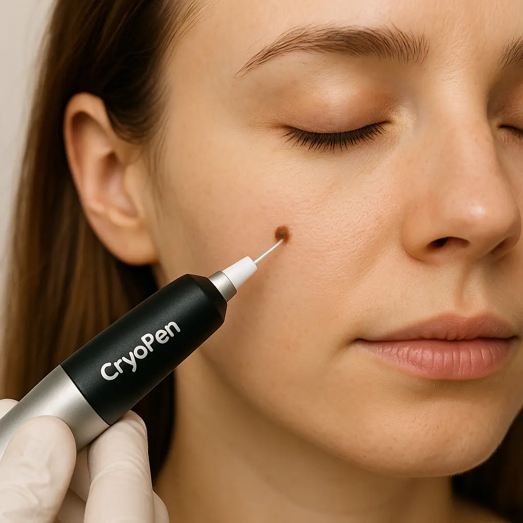 woman receiving facial mole removal Higham Ferrers using cryopen