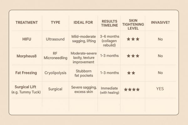 Table showing the comparisons of Skin tightening Higham Ferrers treatment options. 